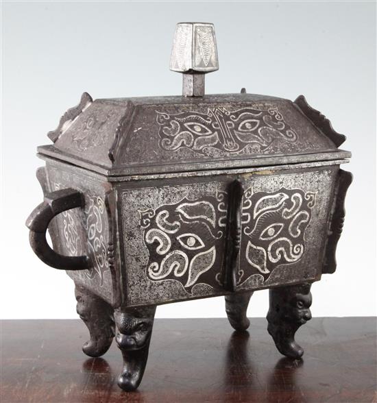 A Chinese iron and silver overlaid vessel and cover, Fangding, probably 19th century, 27.5cm